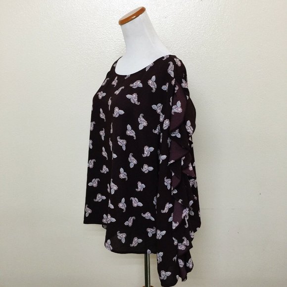 1.State Women's Paisley Petals Ruffle Slit Sleeve Top Crepe Blouse XXL Bateau - Picture 3 of 8